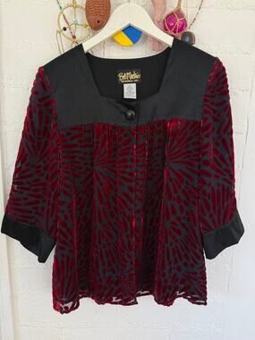 Bob Mackie Wearable Art Black Burgundy Burnout Velvet Jacket Top Small